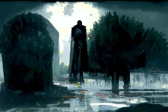 Sinister Figure in Cemetery Rain