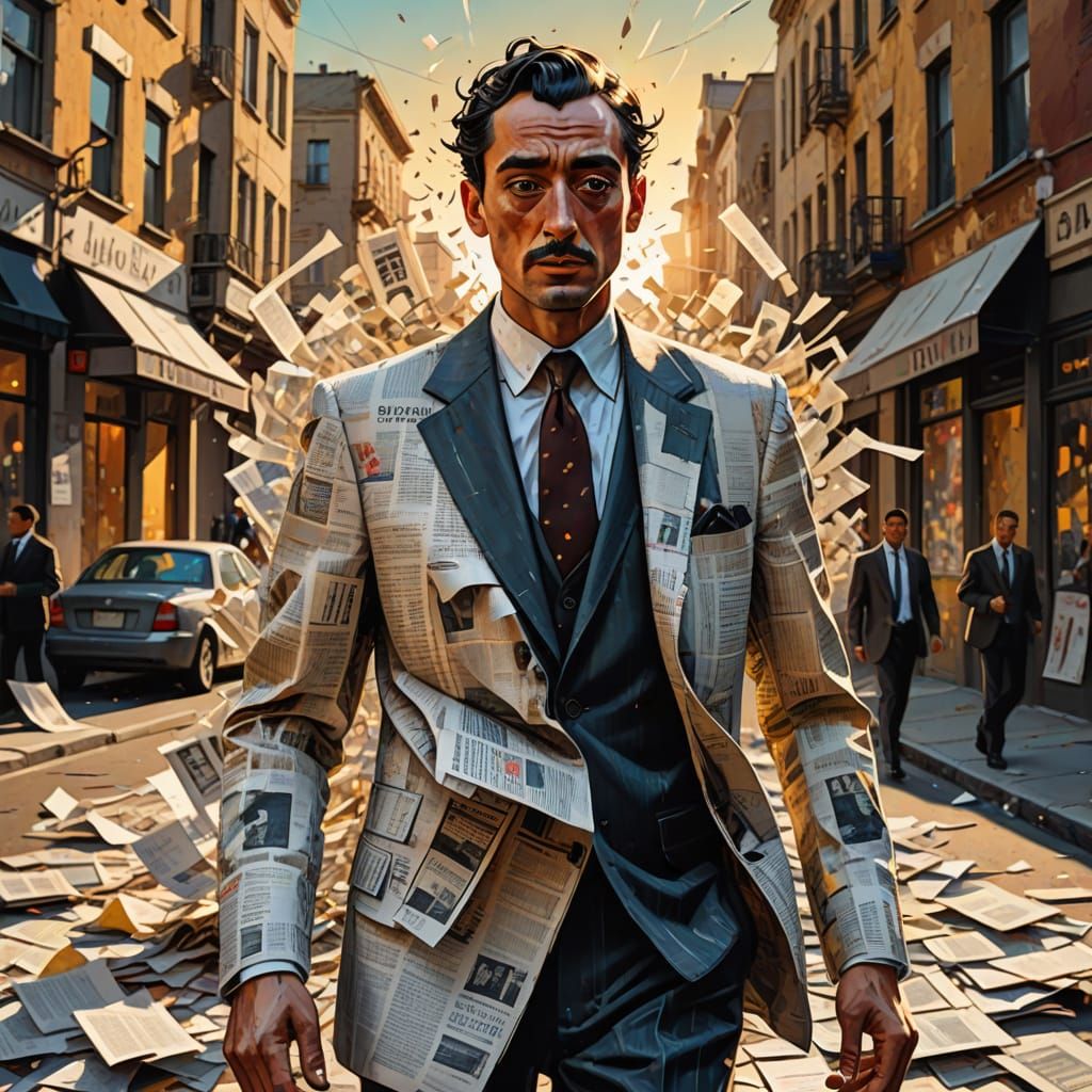 Newspaper Suit Man in Surreal Cityscape