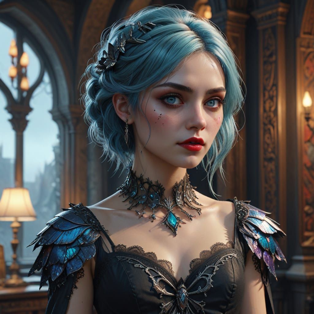 Ethereal Vampire-Lycan Hybrid in Modern Castle Elegance