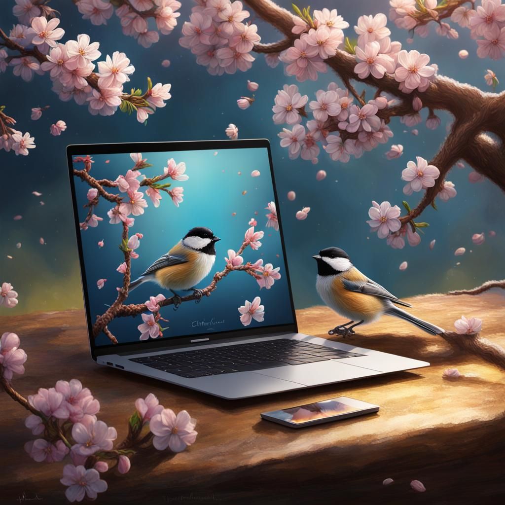 Chickadee on MacBook with Almond Blossoms