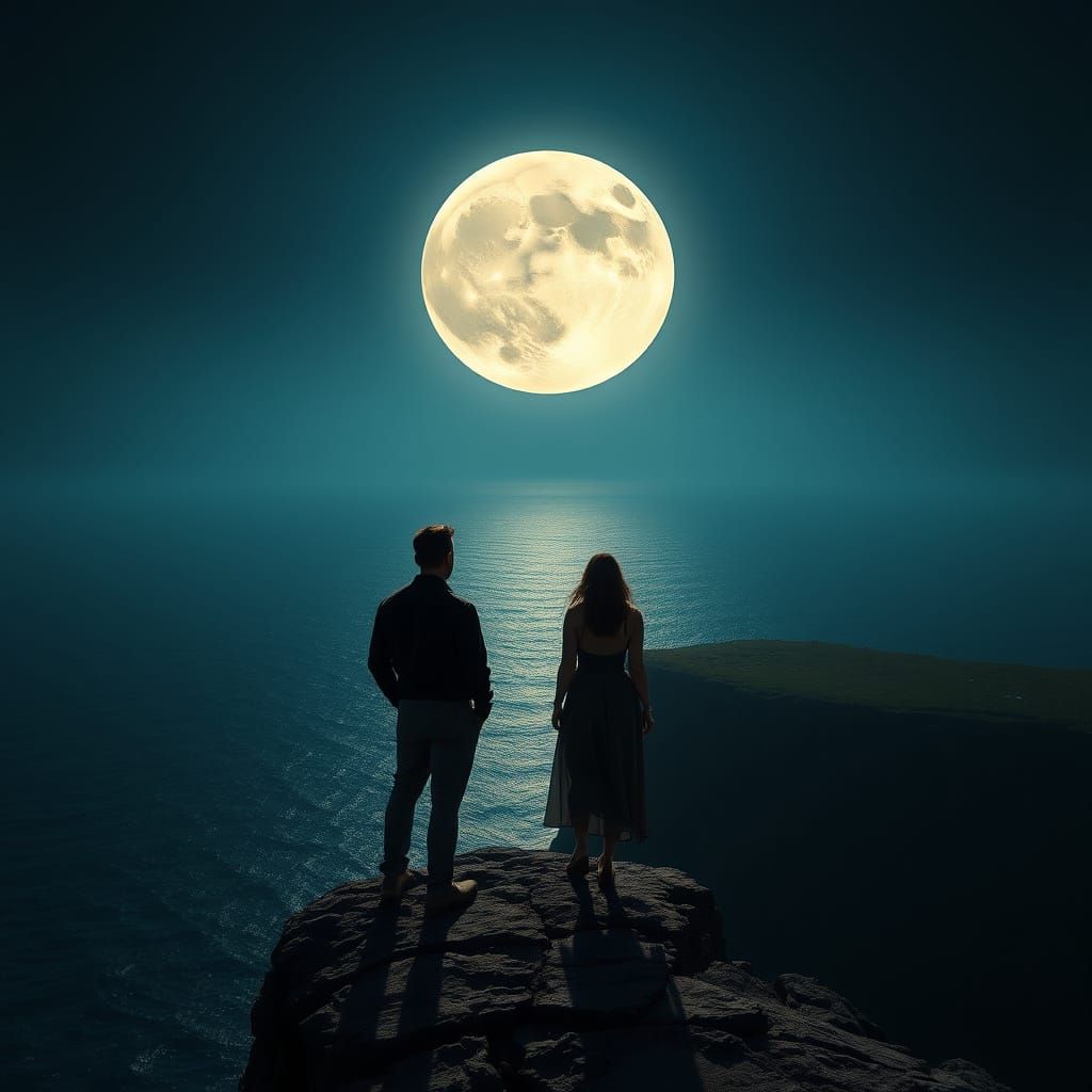 Silhouetted Couple on Cliff Under Giant Luminous Moon