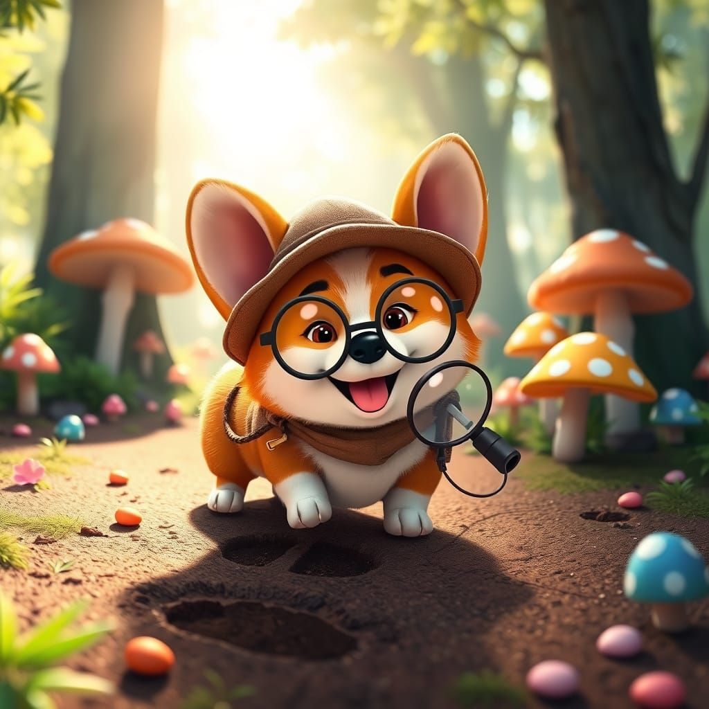 Corgi Detective Investigates Footprint in Candy Forest