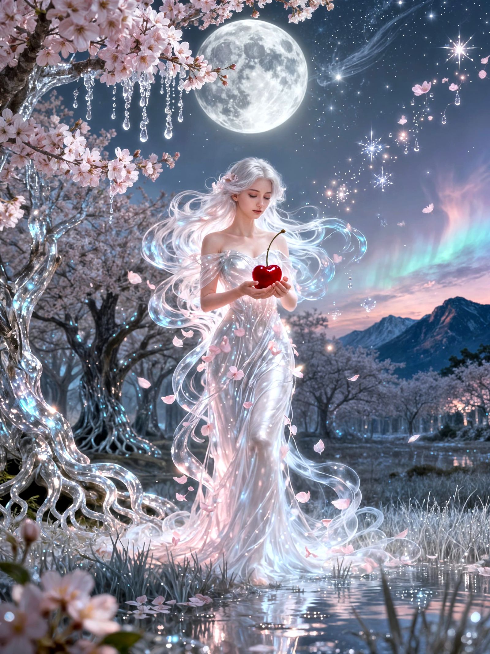 Spirit of First Cherry Under Silver Moon, Fantasy Art