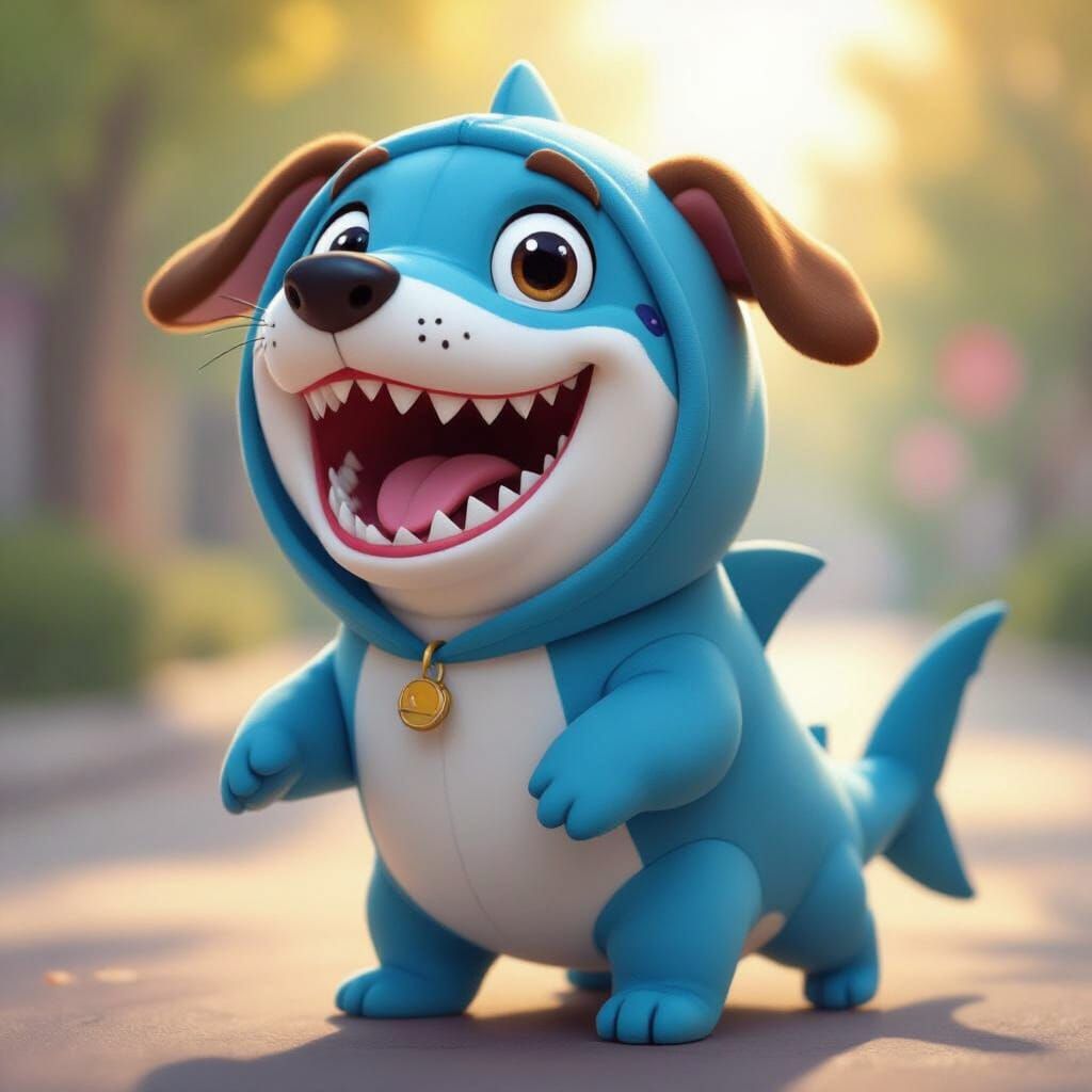 Comical Shark in Dog Costume with Barking Expression