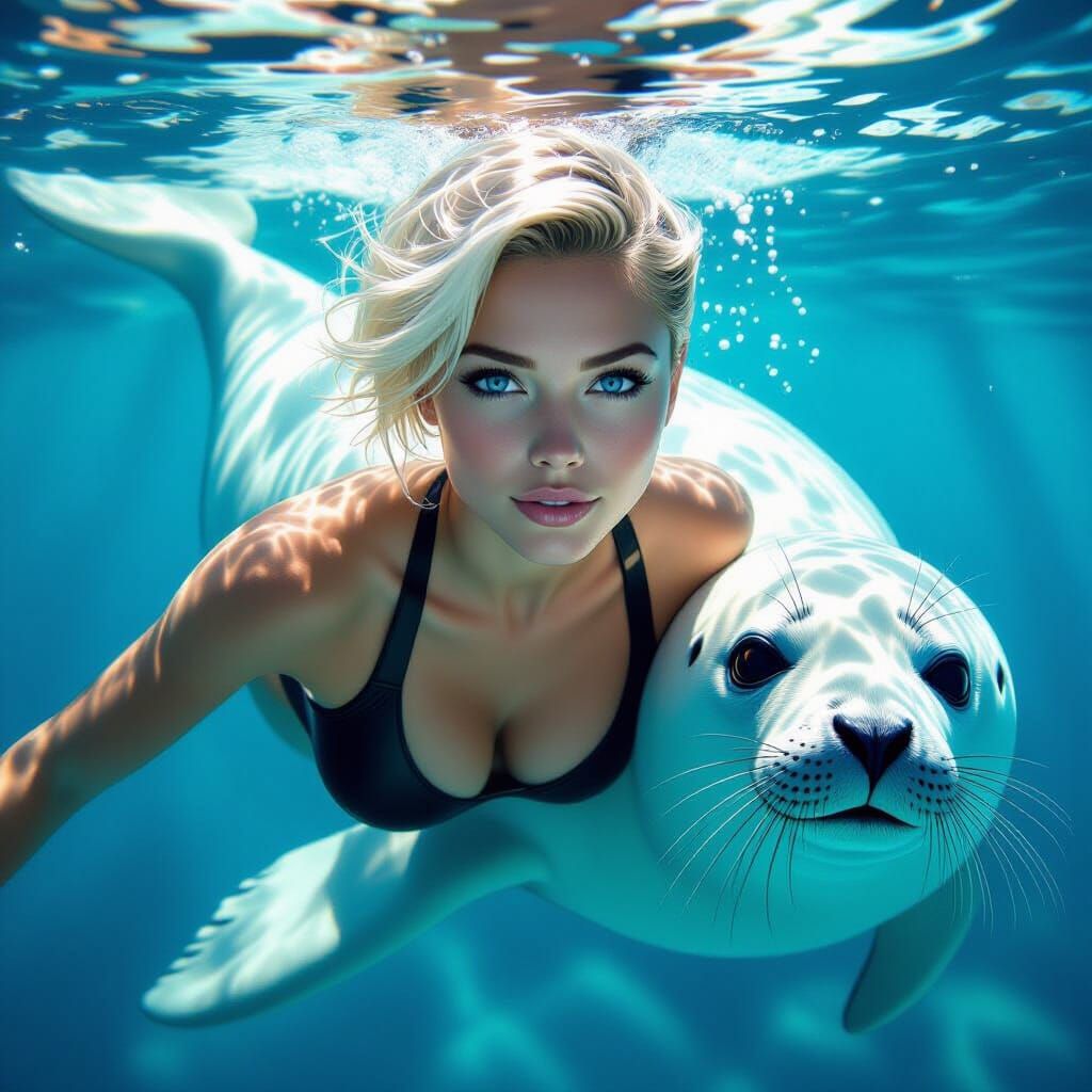 Woman and Seal in Photorealistic Underwater Scene