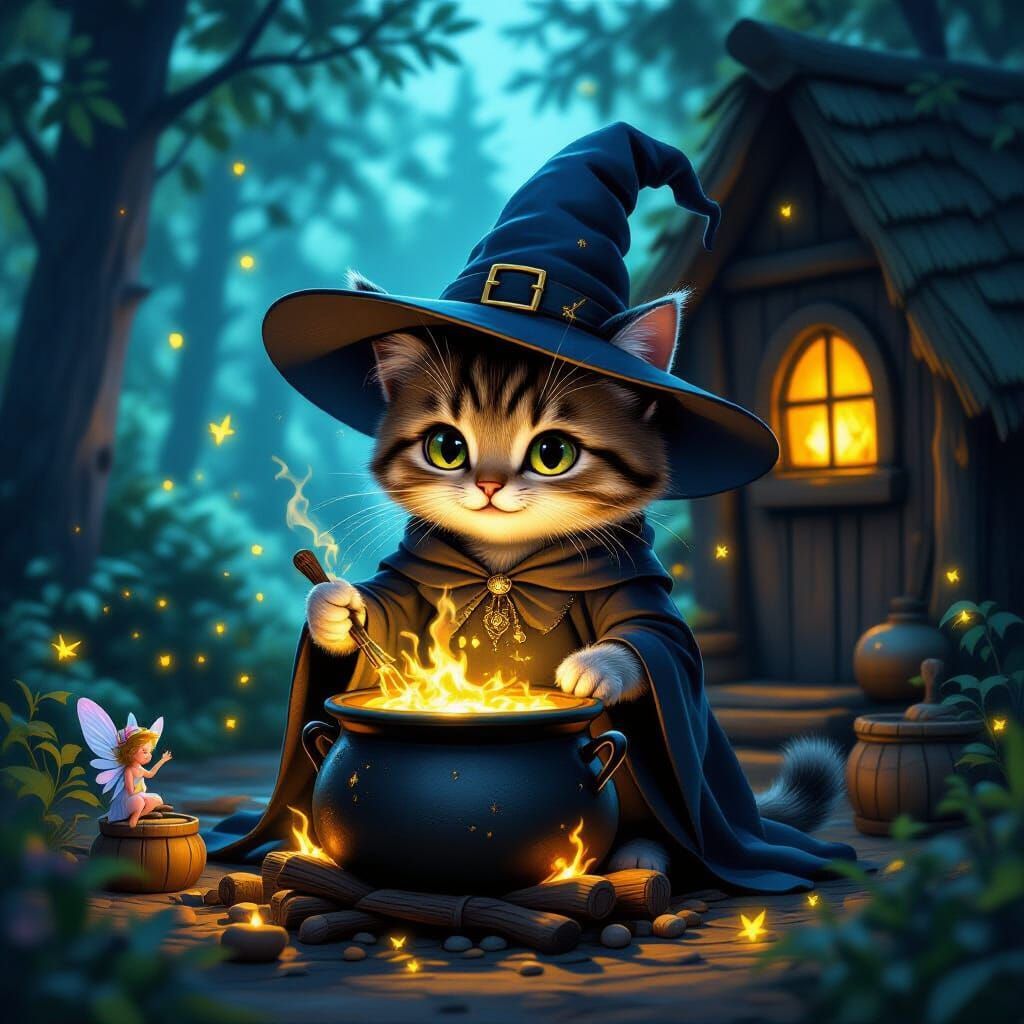 Cat Witch Brews Magic Potion in Forest Hut