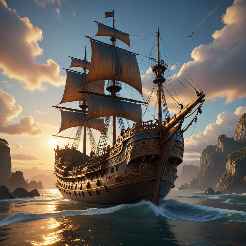 Art Nouveau Pirateship in Serene Seascape with Volumetric Li...