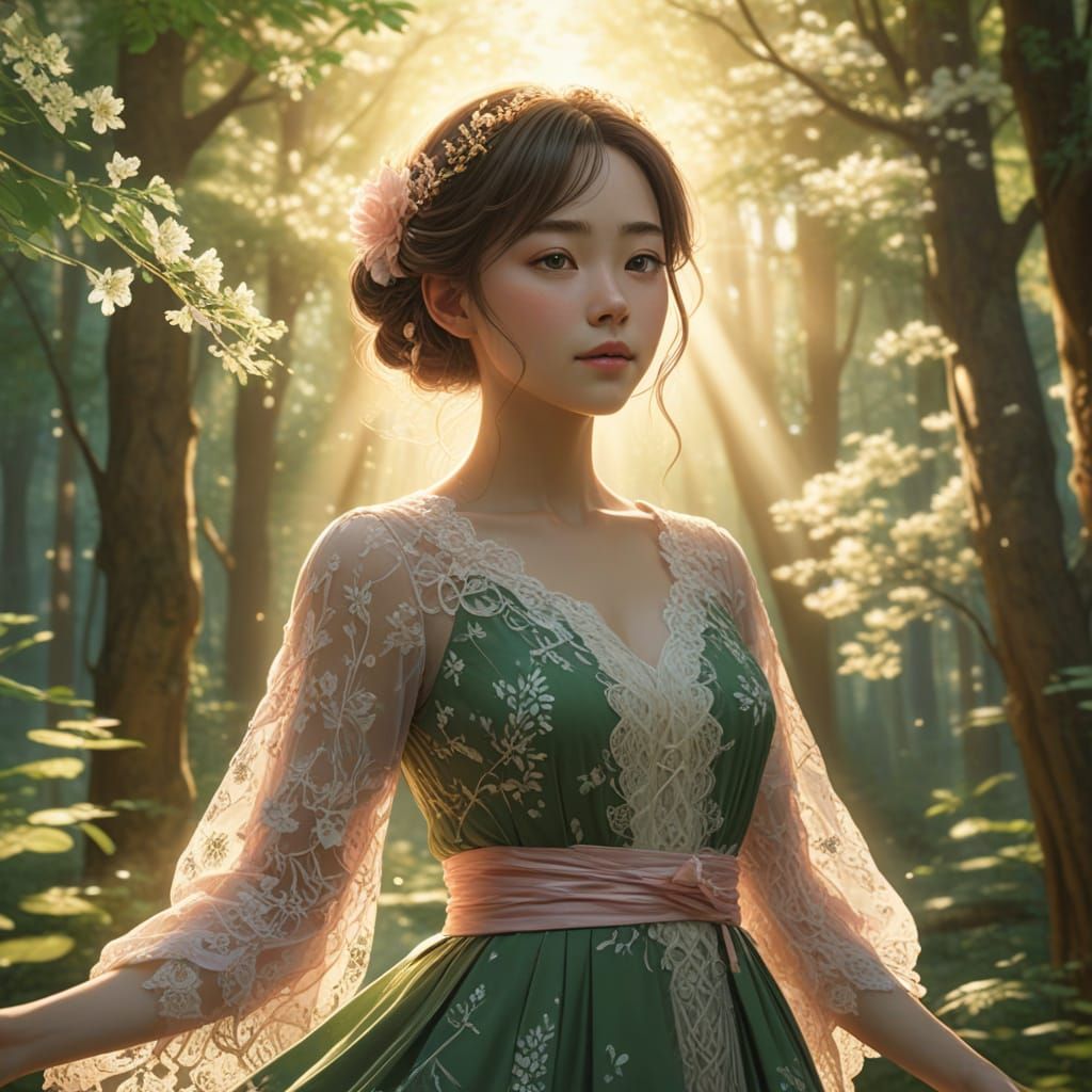 Ethereal Flower Maiden in Whimsical Forest