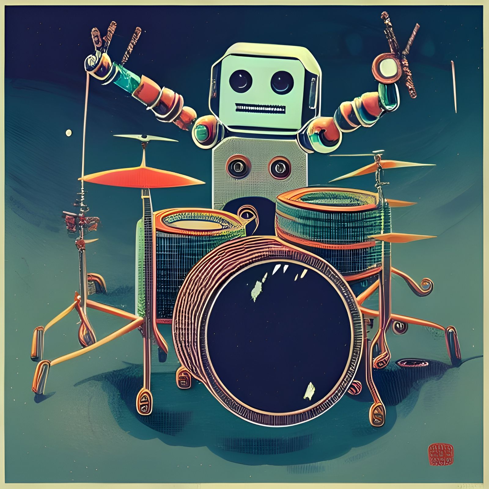 Vintage Robot Drummer: Hyperdetailed Matte Painting