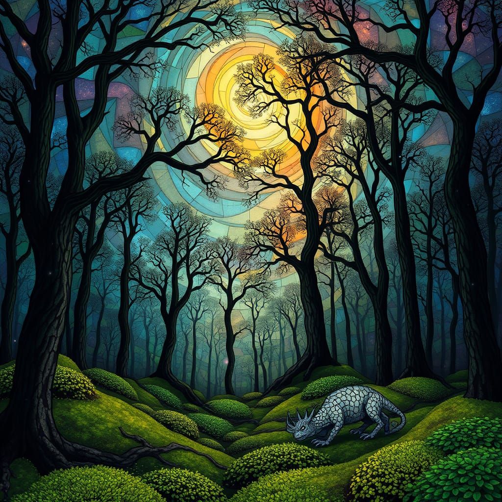 Stained Glass Forest Glade with Nebulae Sky