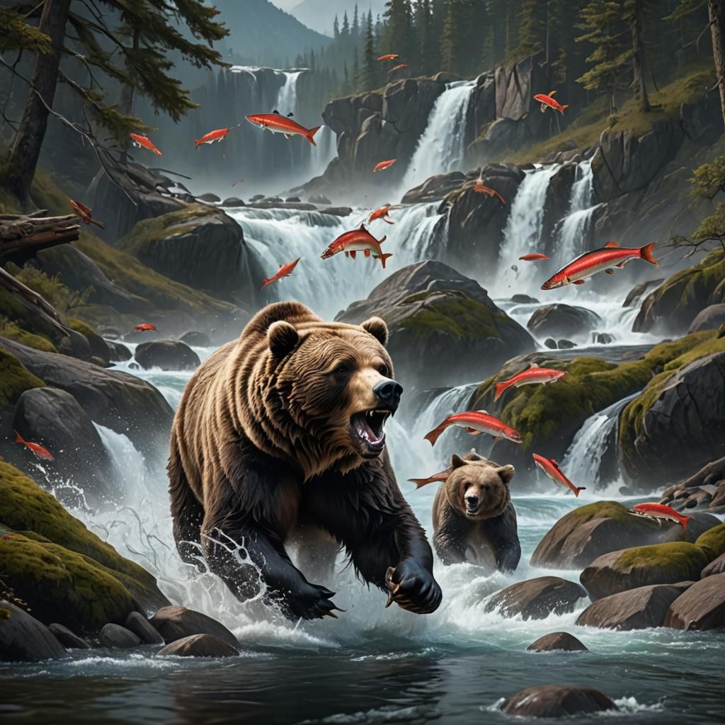 Grizzly Bear Catching Salmon in Detailed Matte Painting