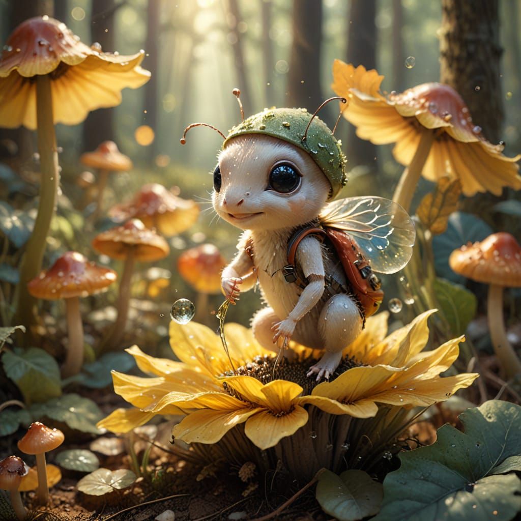 Whimsical Fantasy Illustration of Curious Baby Ant in Sunflo...