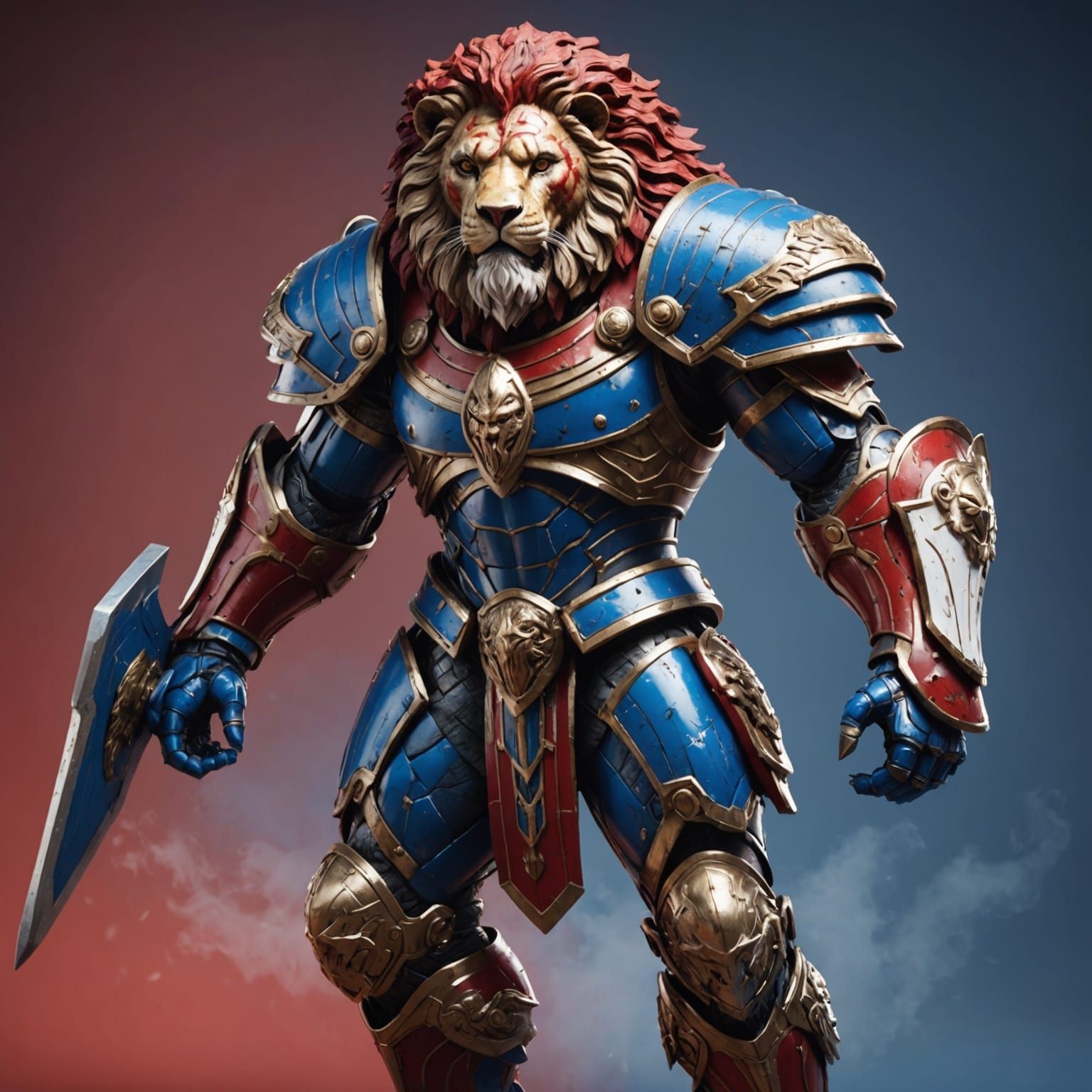 Lion Greek Titan in Red, White, and Blue Armor