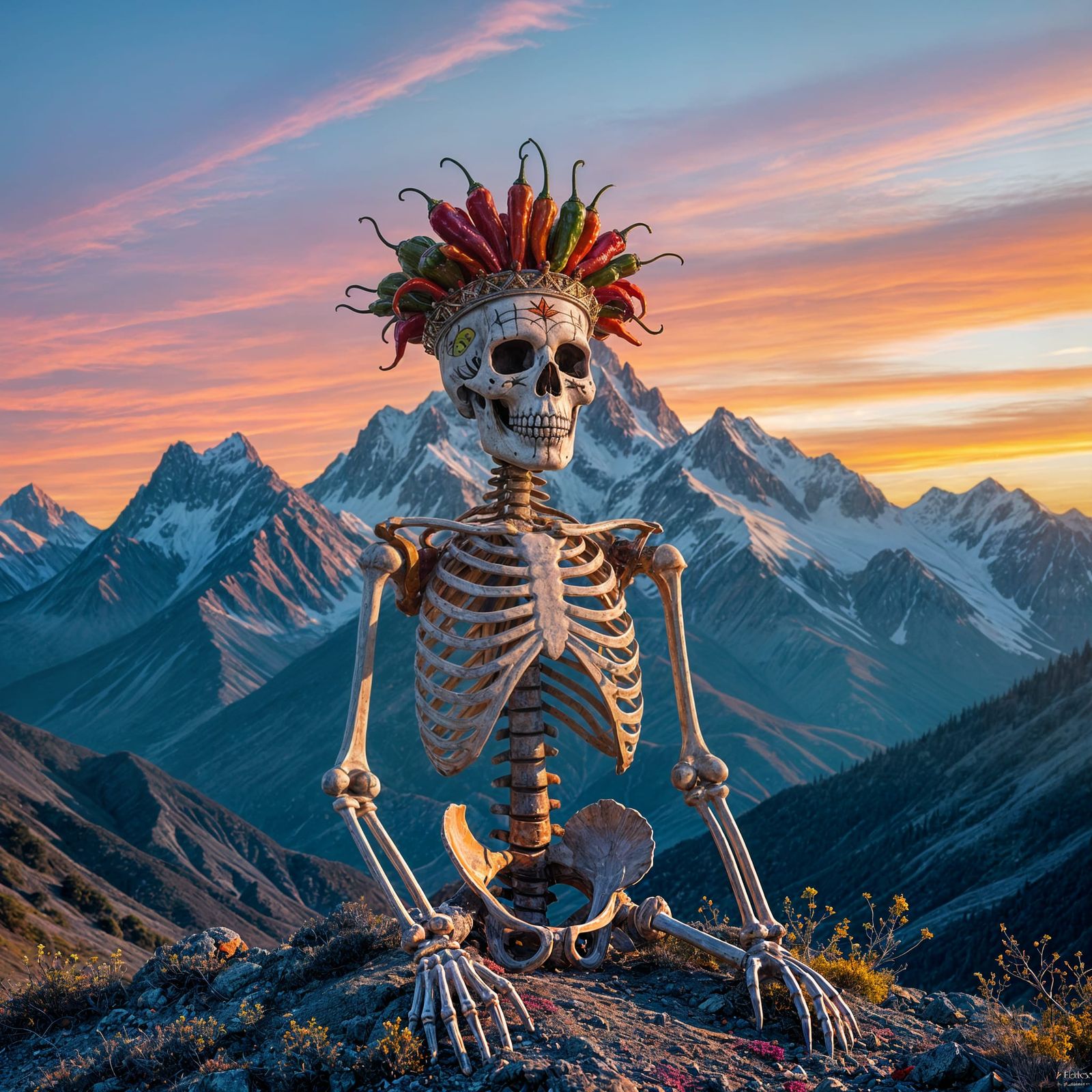 Skeleton King on Mountain at Sunset Graffiti Art Style