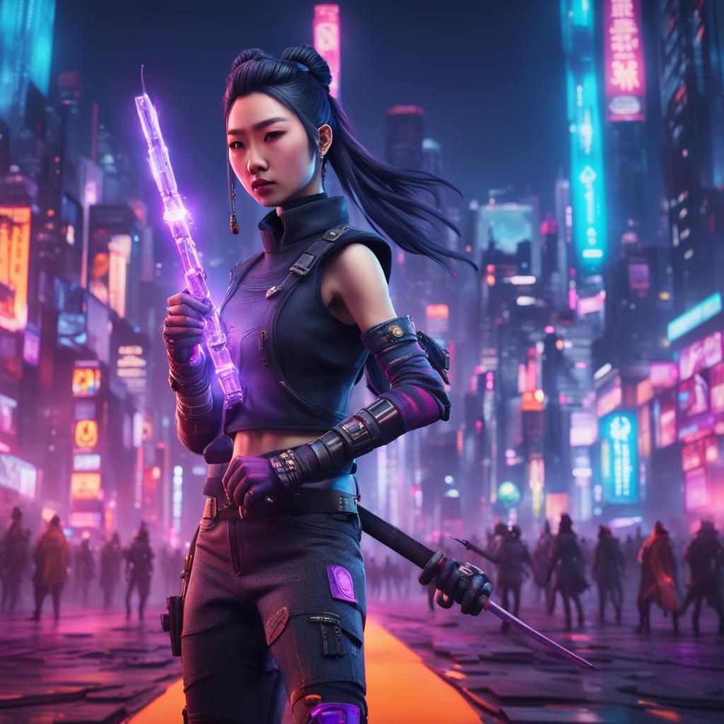 Cyberpunk Kunoichi Casting Spell in Mega City