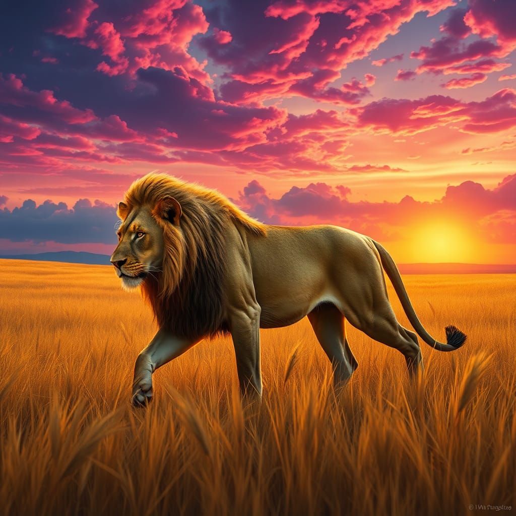 Lion Prowling Savannah at Sunset: A Digital Painting