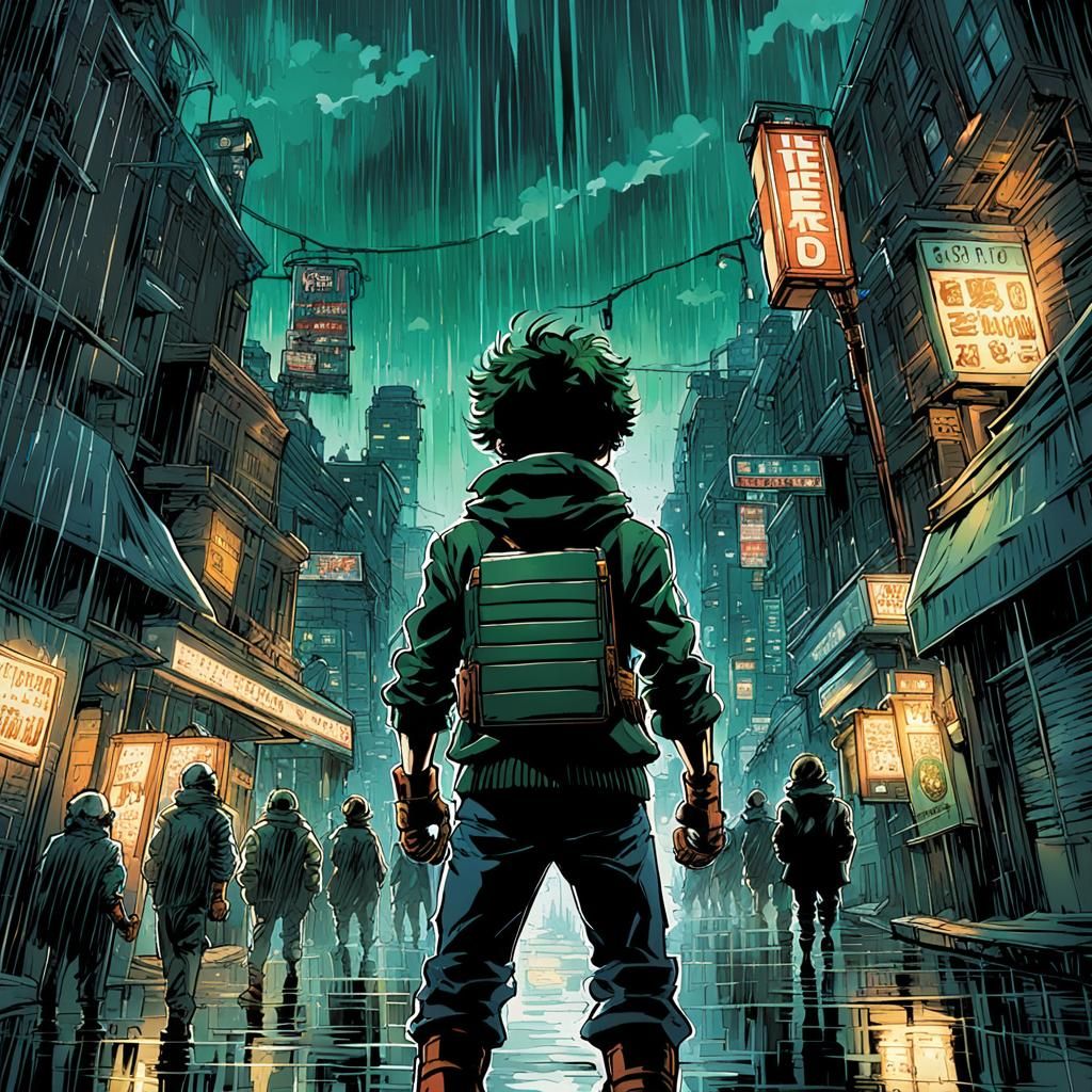Deku Floats Above Dark City: Comic Book Art