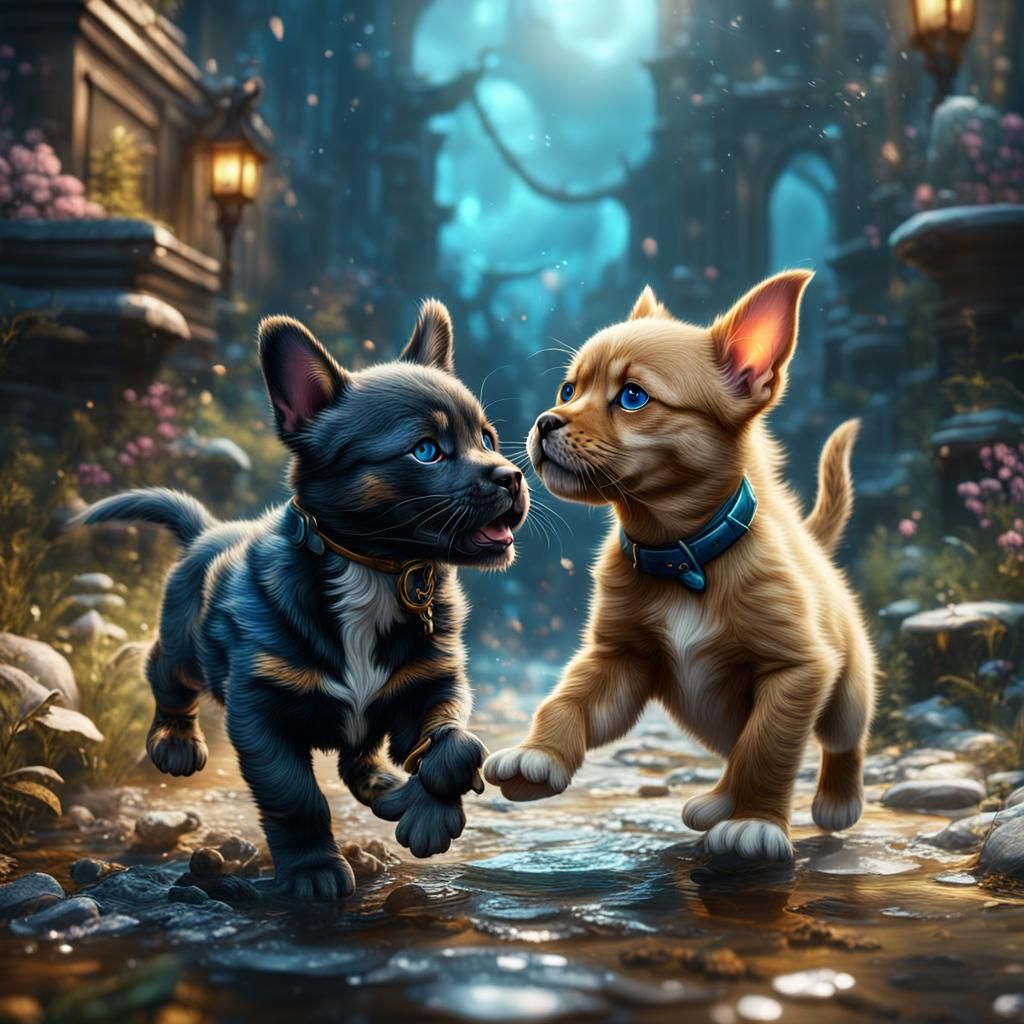 Playful Cat and Puppy: Fantasy Concept Art