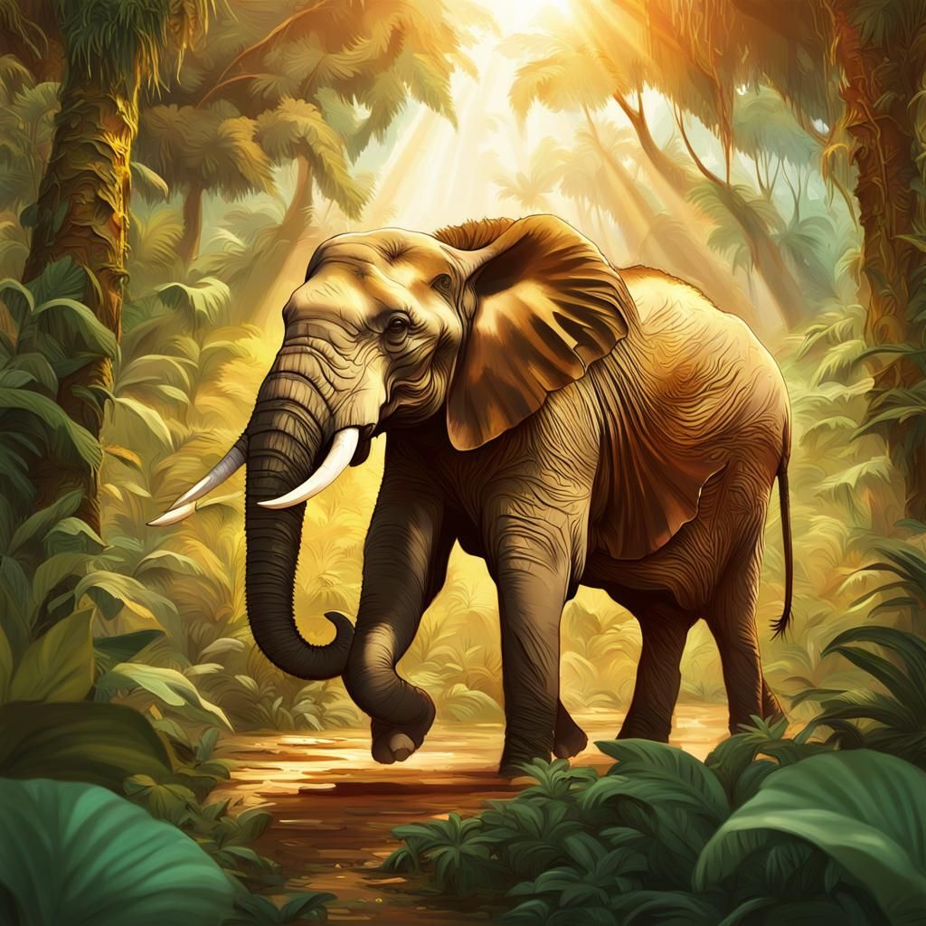 Elephant Striding Through Jungle: Digital Art