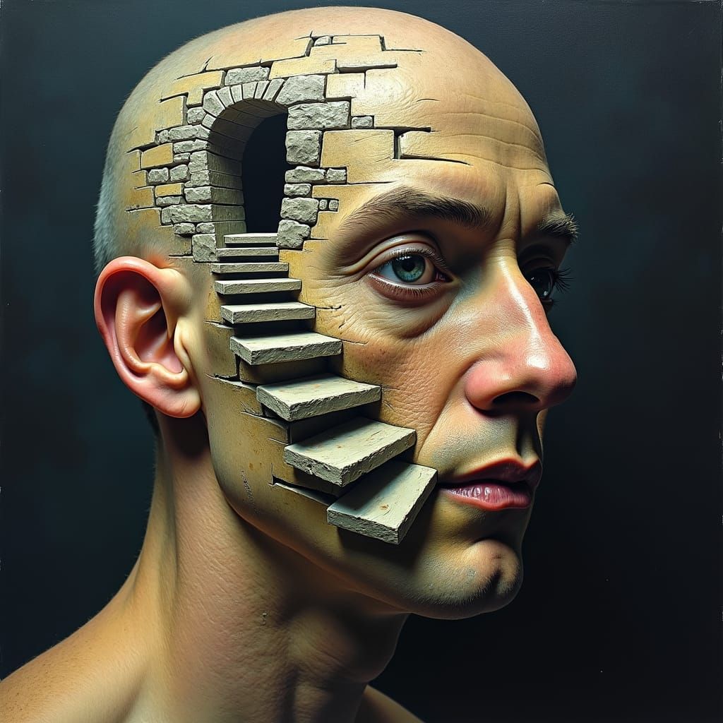 Surreal Cosmic Portrait with Escher Staircase