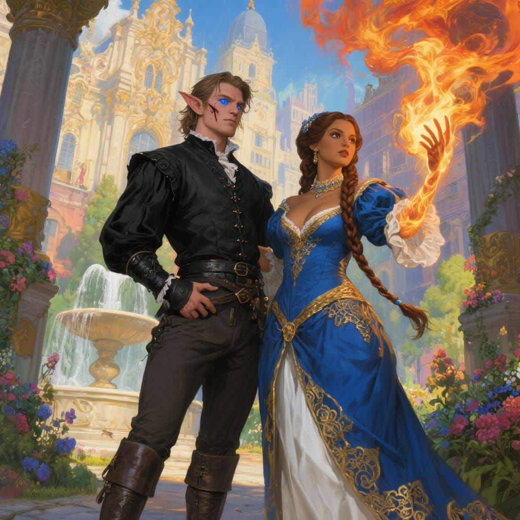 Fantasy Noblewoman Casts Fire Magic in Baroque City