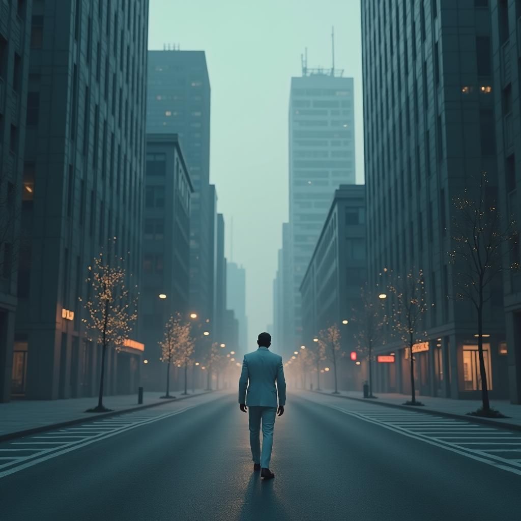 Man in White Suit in Empty City, Digital Art