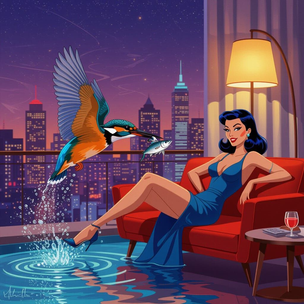 Kingfisher Dives for Fish in 1960s Playboy Style