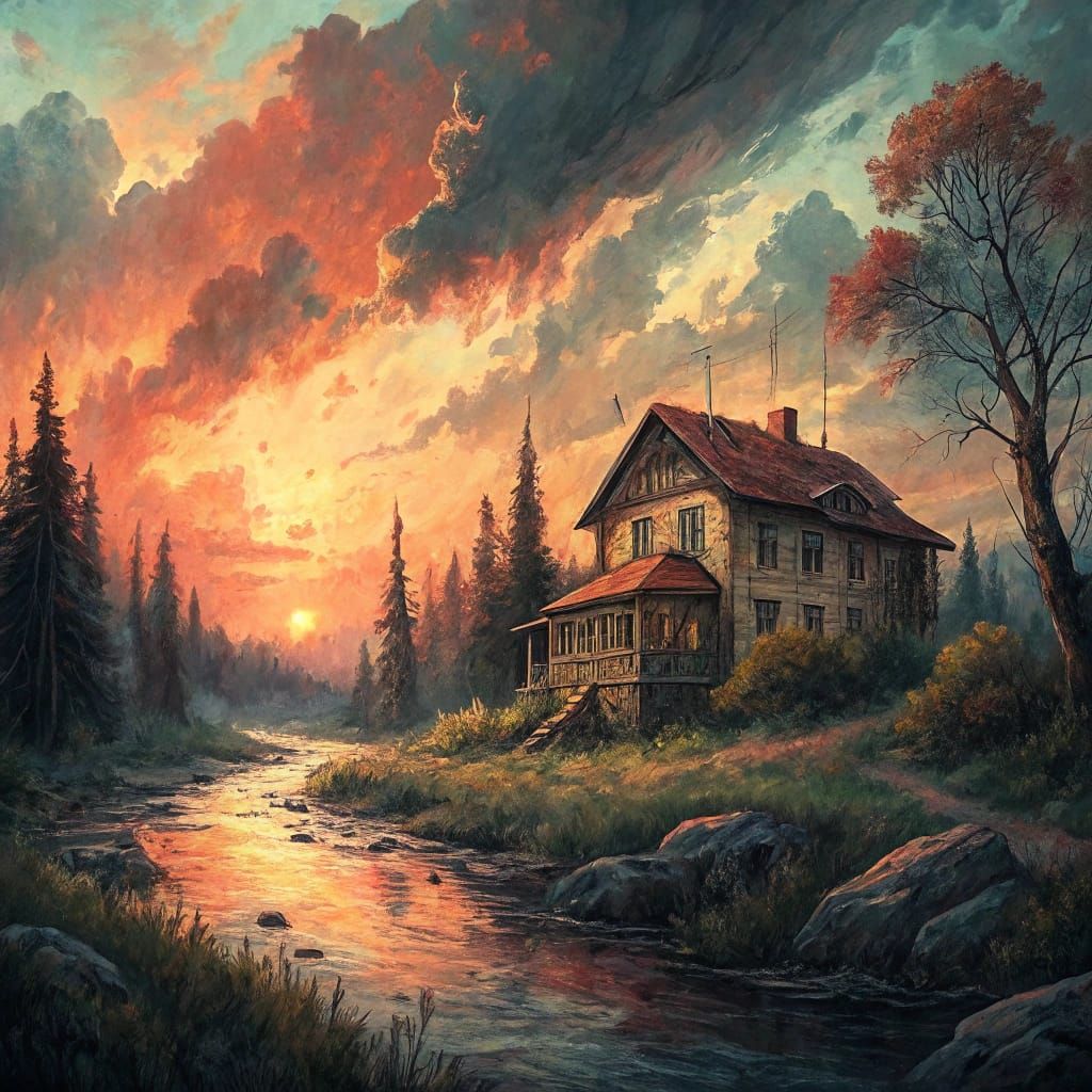 Epic Sunset Masterpiece: A Wild Country House by a River