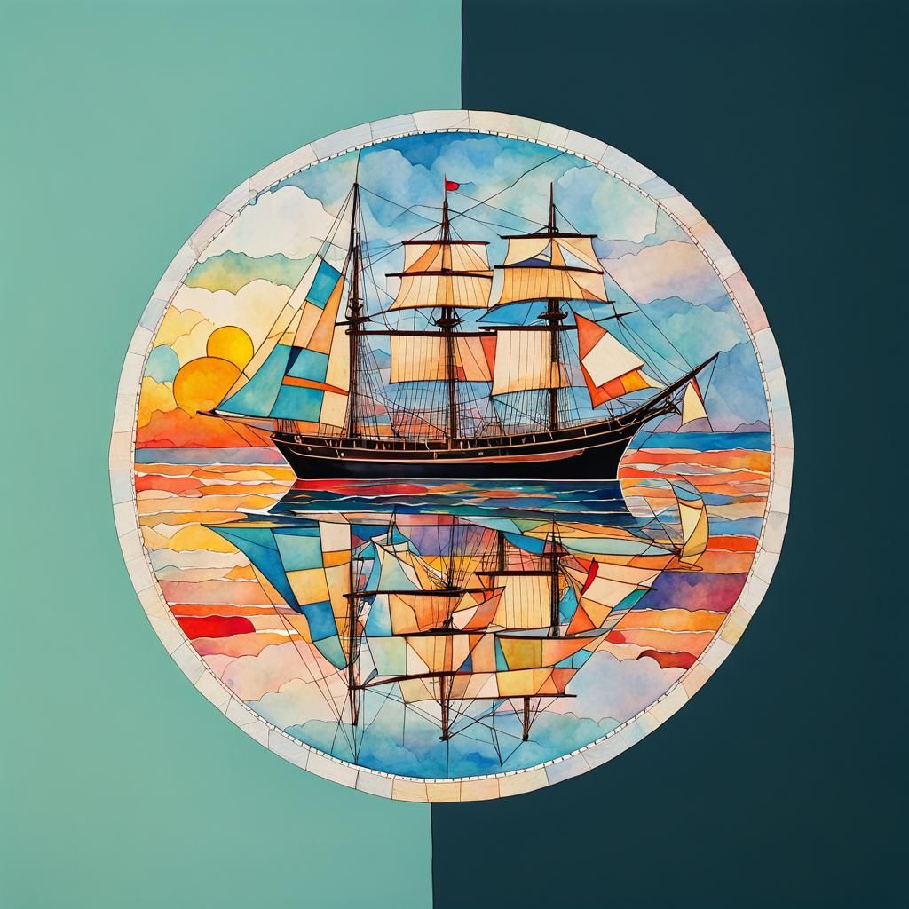 Sailing Ship Mandala in Watercolor and Ink Art