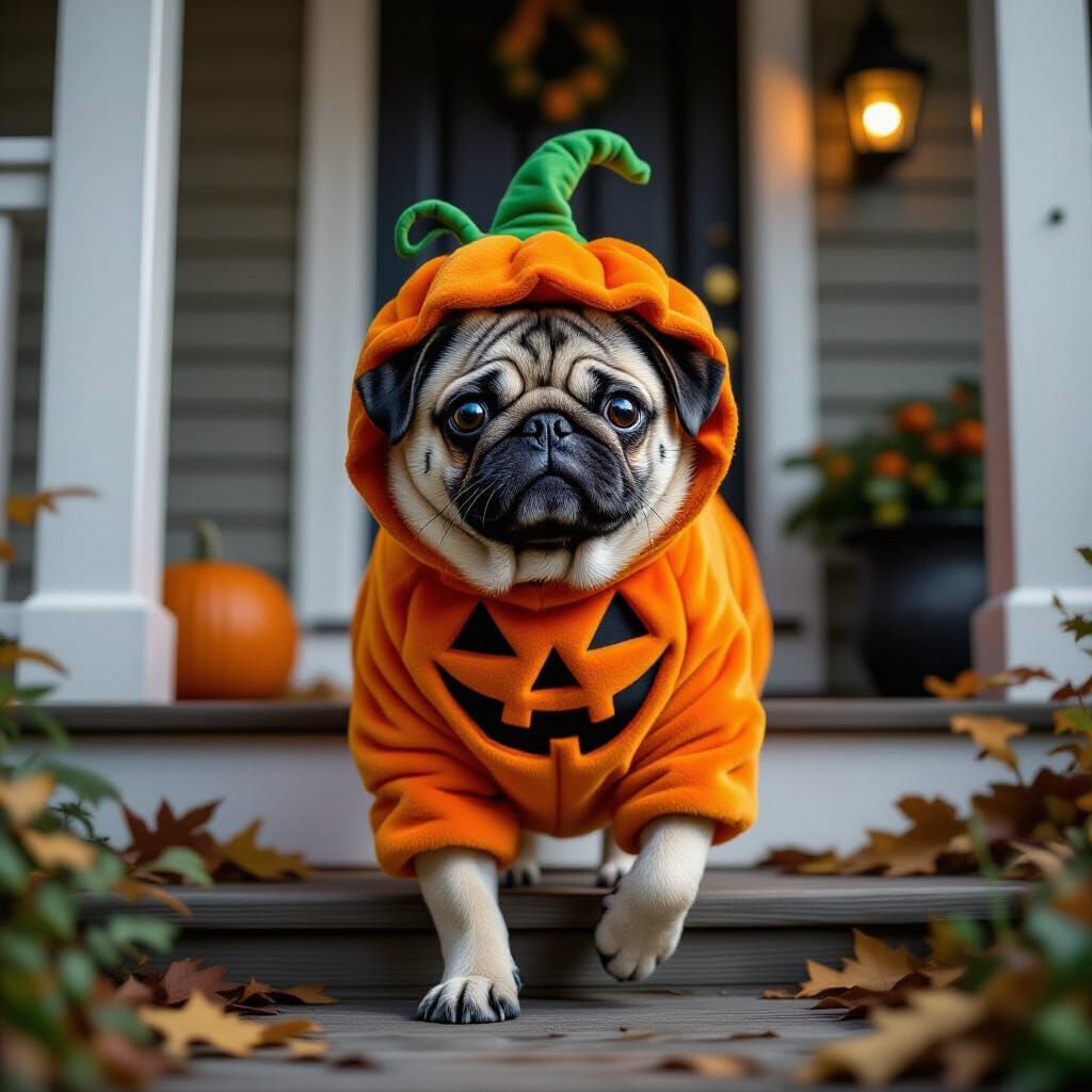 Pug in Pumpkin Costume on Halloween Porch