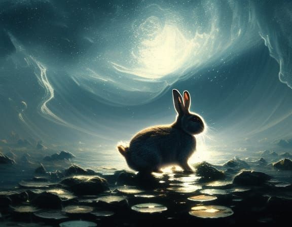 Rabbit Flies Through Starry Sky: Fantasy Concept Art