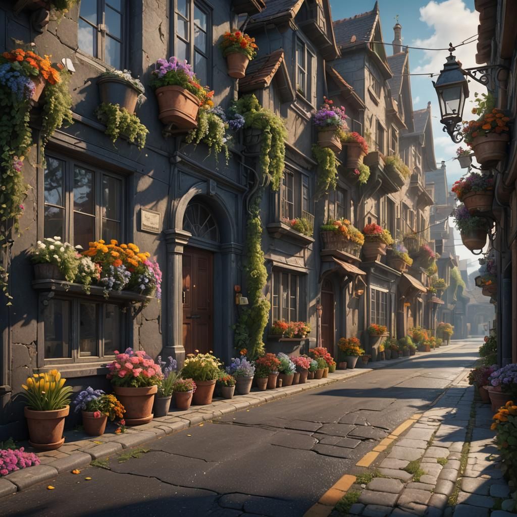 Flower-Lined Street in Detailed Matte Painting