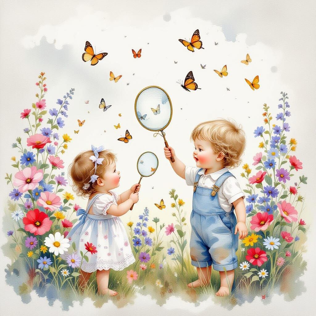 Ethereal Watercolour of Siblings Catching Butterflies