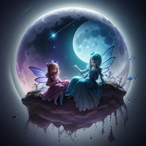 Fairies Sleeping on a Bioluminescent Moon and Stars