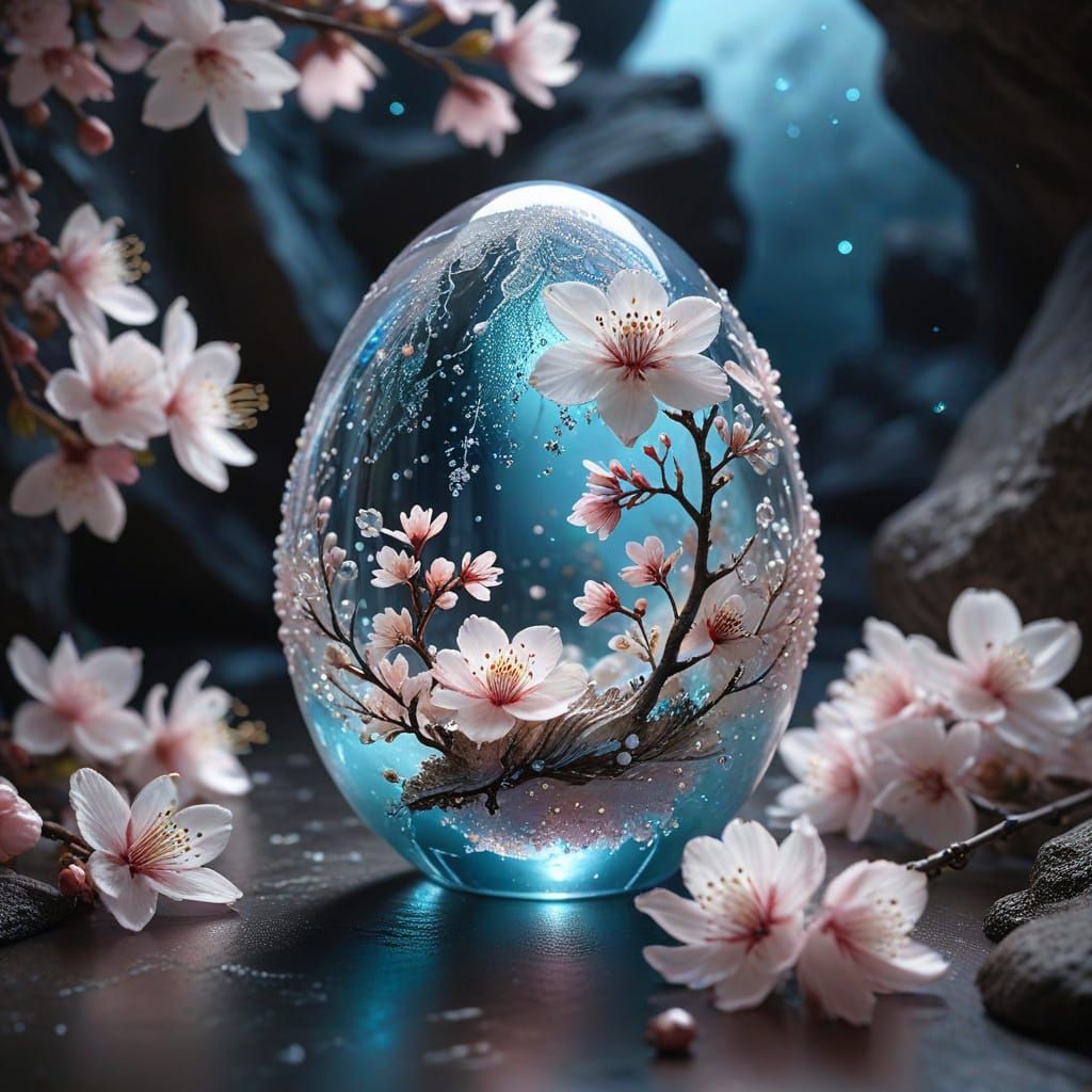 Glass Egg on Cherry Blossoms in Top-Lit Cave
