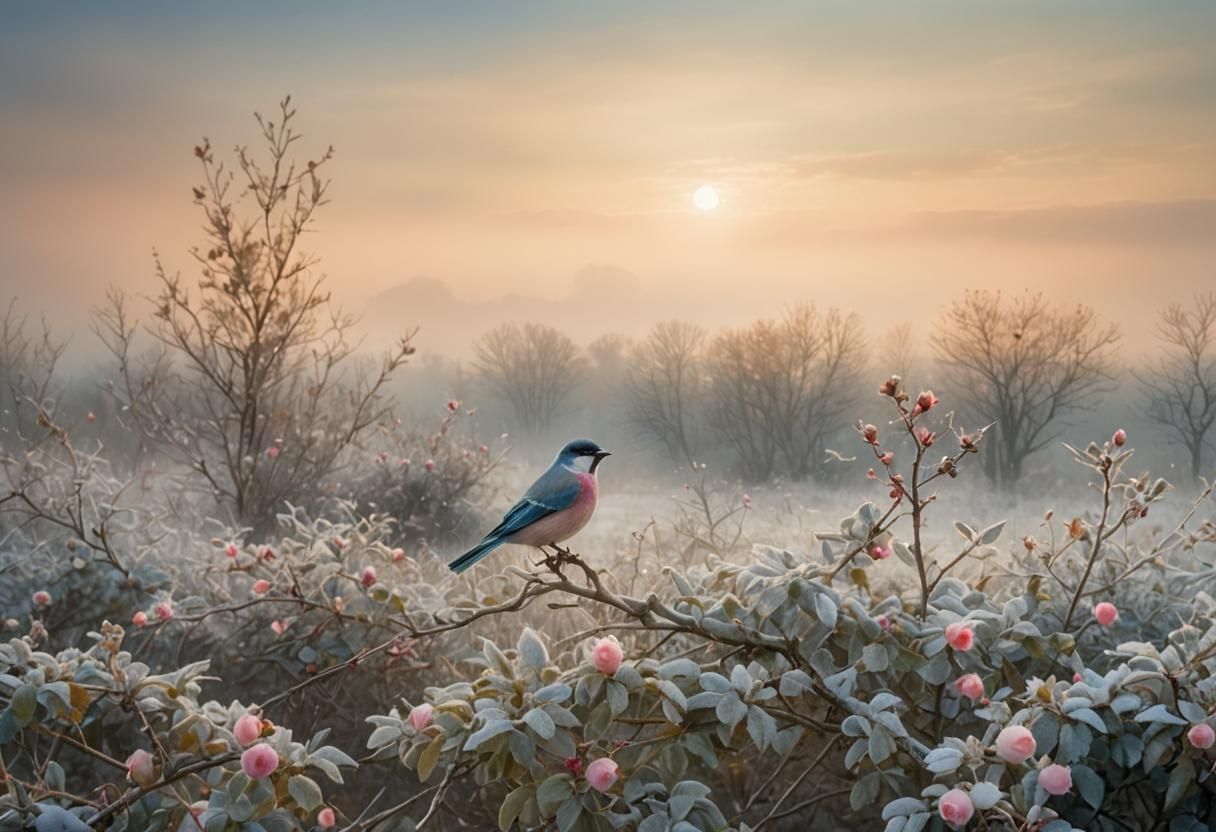 Bird on Rosa Canina: Misty Watercolor Landscape