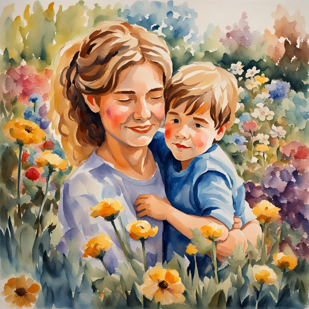 Mother and Son in Gouache Watercolor Style
