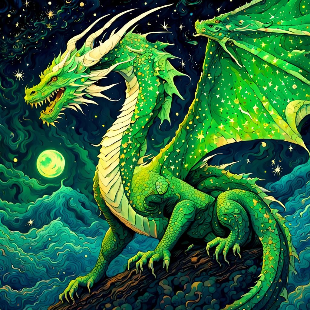 Green Dragon in Starry Night, Fantasy Illustration