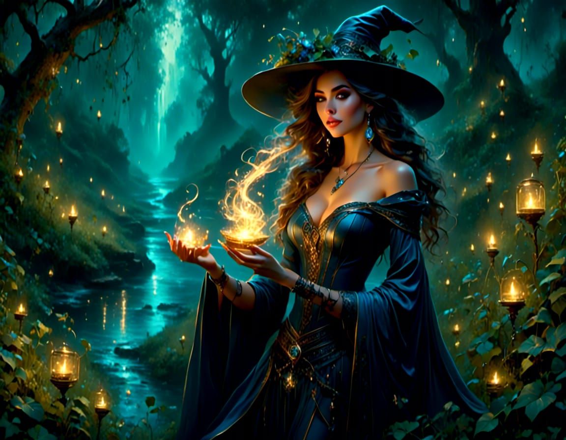 <lora:LumiBooks:1.0> <lora:Fantasia:1.0> <lora:PurpleFantasy:1.0> <lora:Beautiful Visions:1.0> Beautiful female Witch, w...