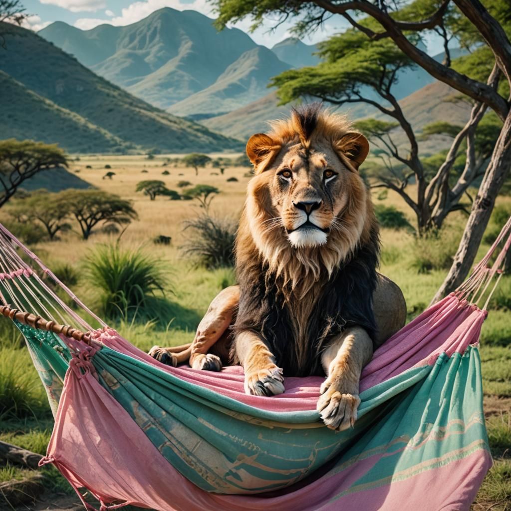 Lion Lounging in Hammock on Colorful African Savannah