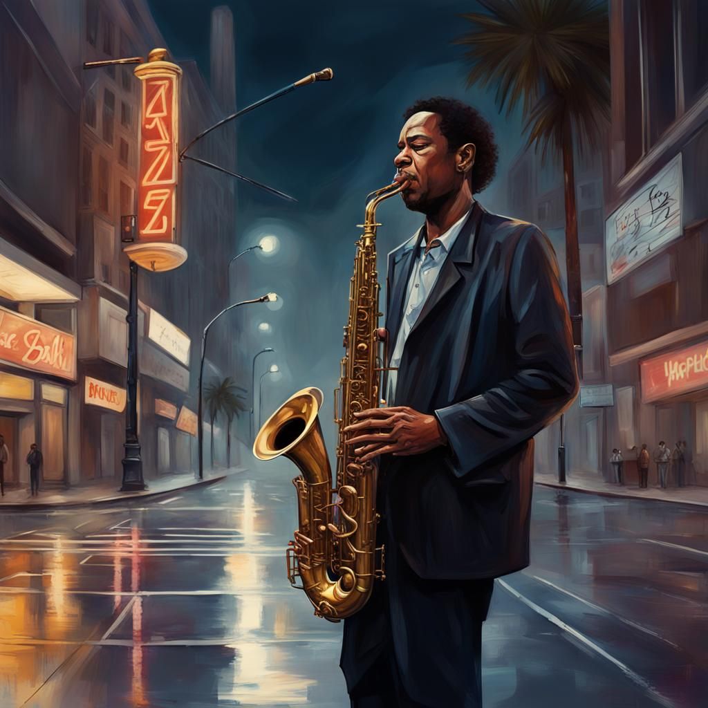 Sad Saxophonist on Gloomy Hollywood Boulevard