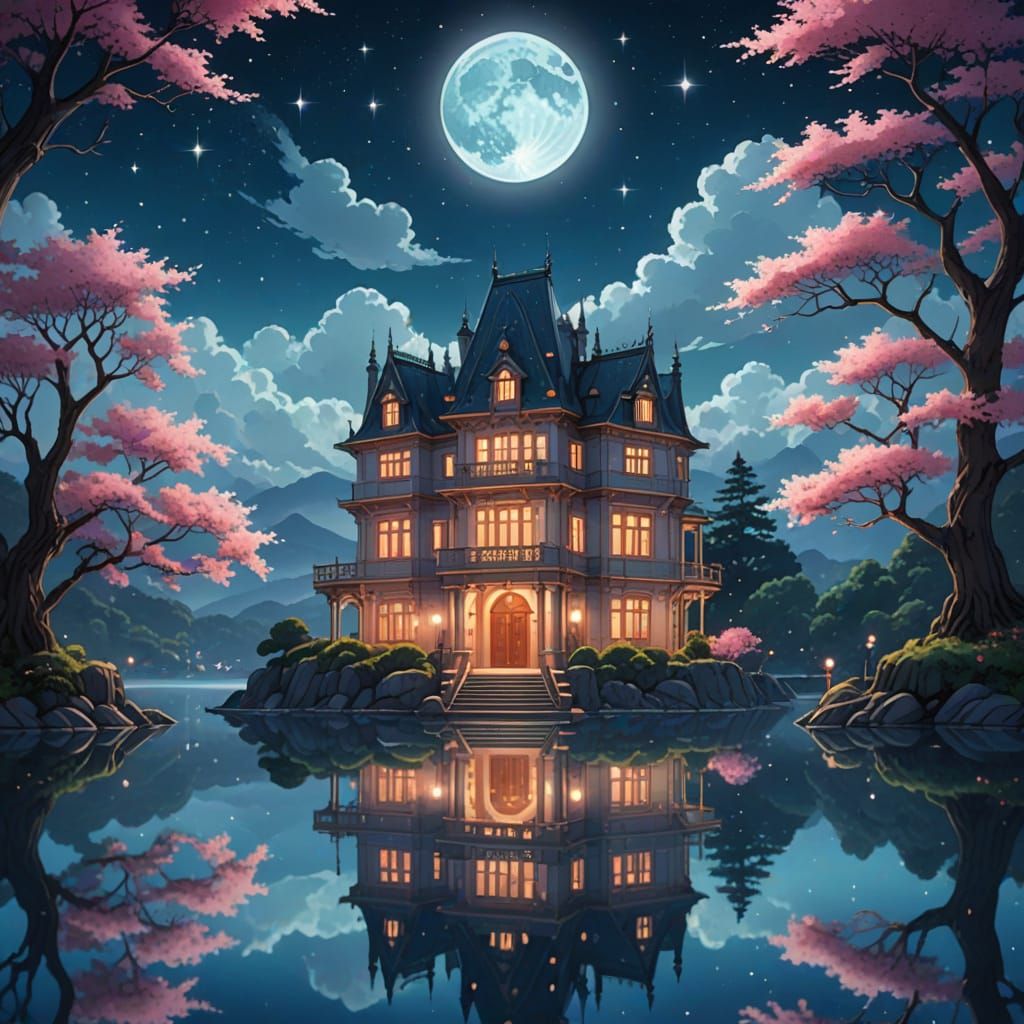 Whimsical Fantasy Landscape with Majestic Mansion and Serene...