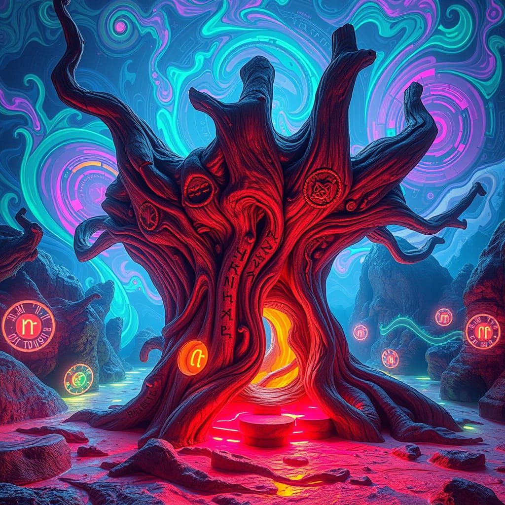 Hyperreal Dreamscapes with Gnarled Wooden Structure and Fluo...