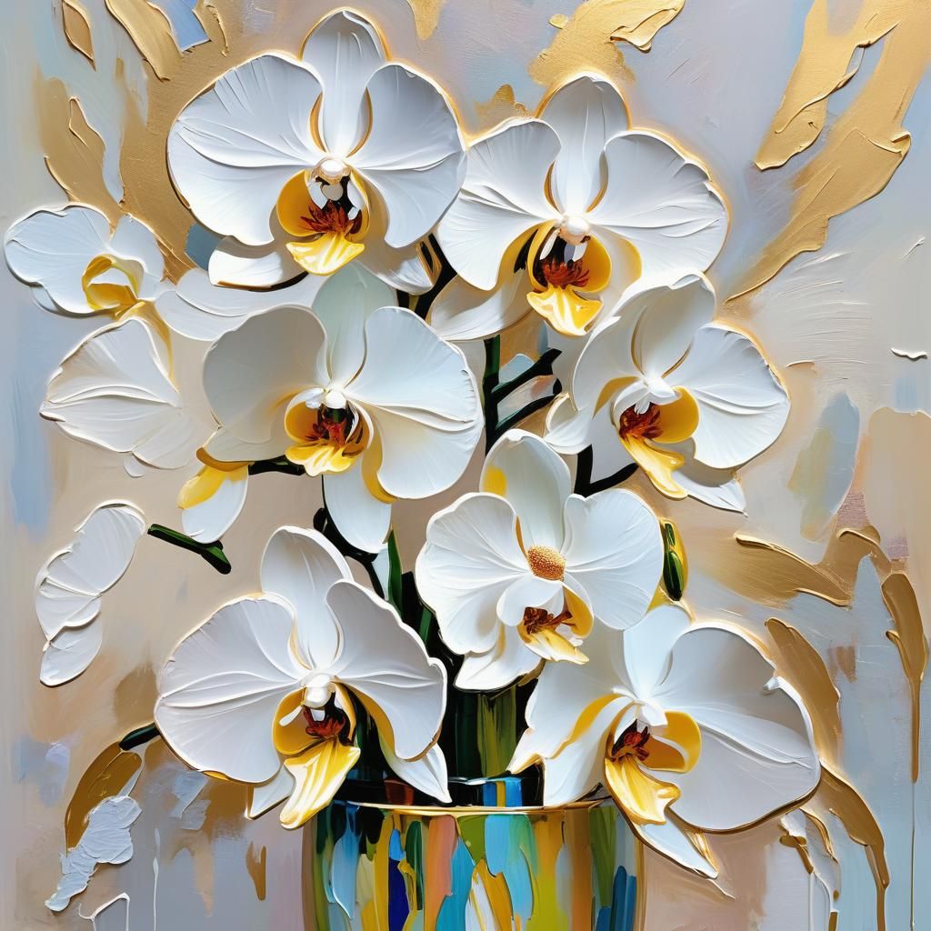 White Orchid in Impasto Vase: Fauvist Color Palette
