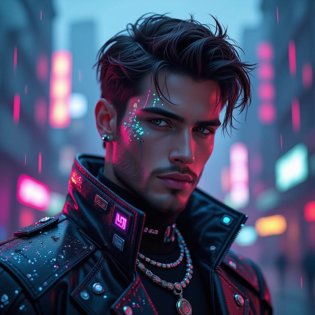 Futuristic Guy in Neon City, Cyberpunk Style