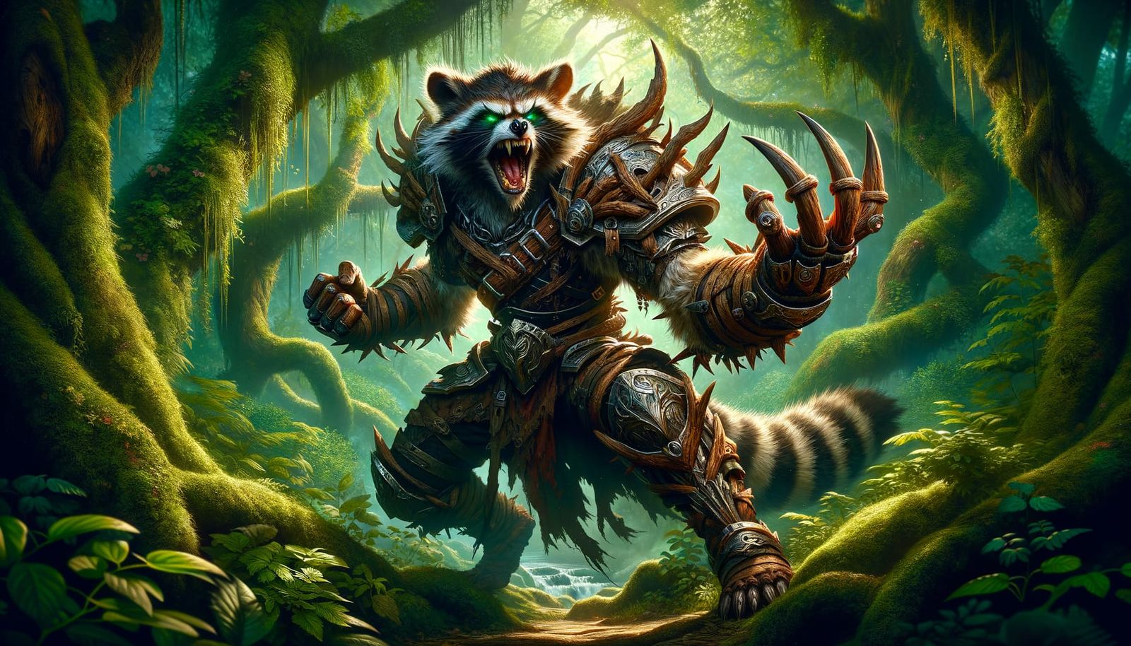 Fierce Raccoon Warrior in Enchanted Forest