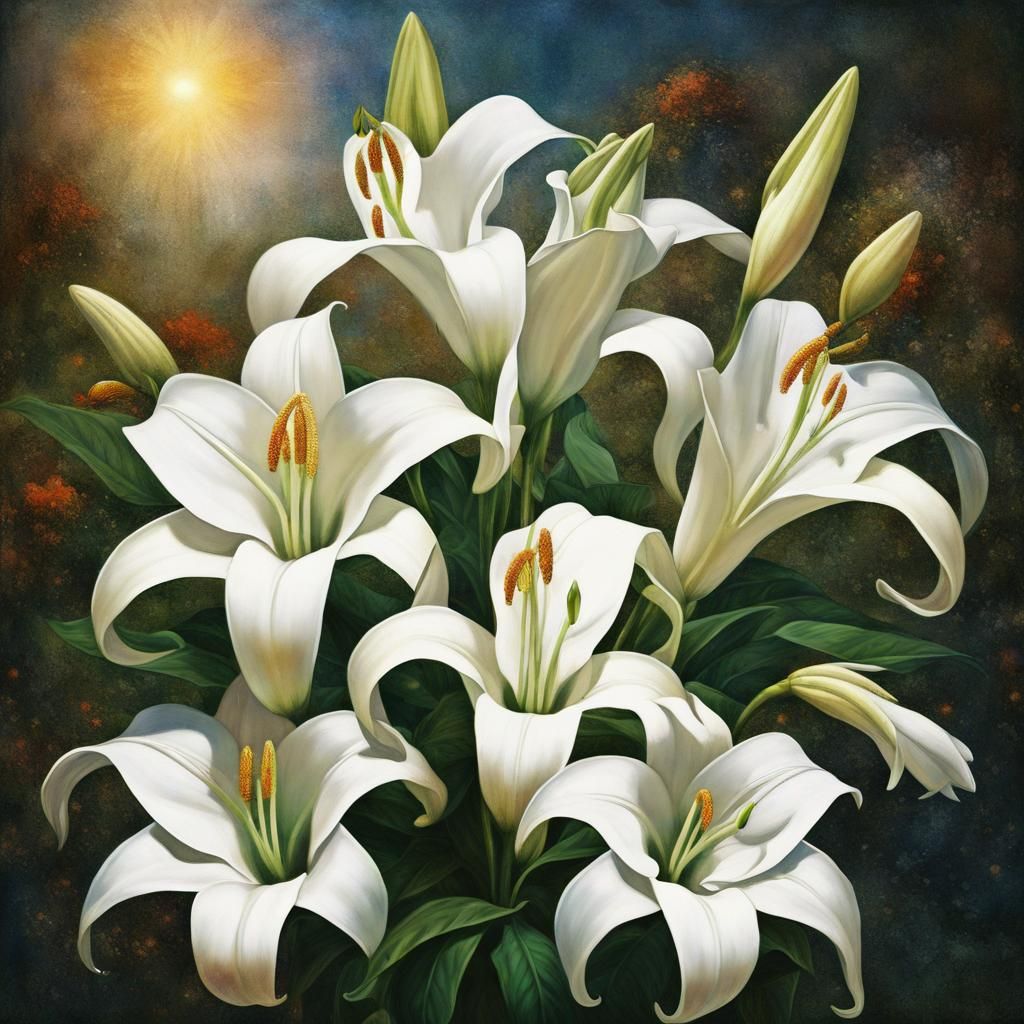 Madonna Lilies Painting in Maximalist Style