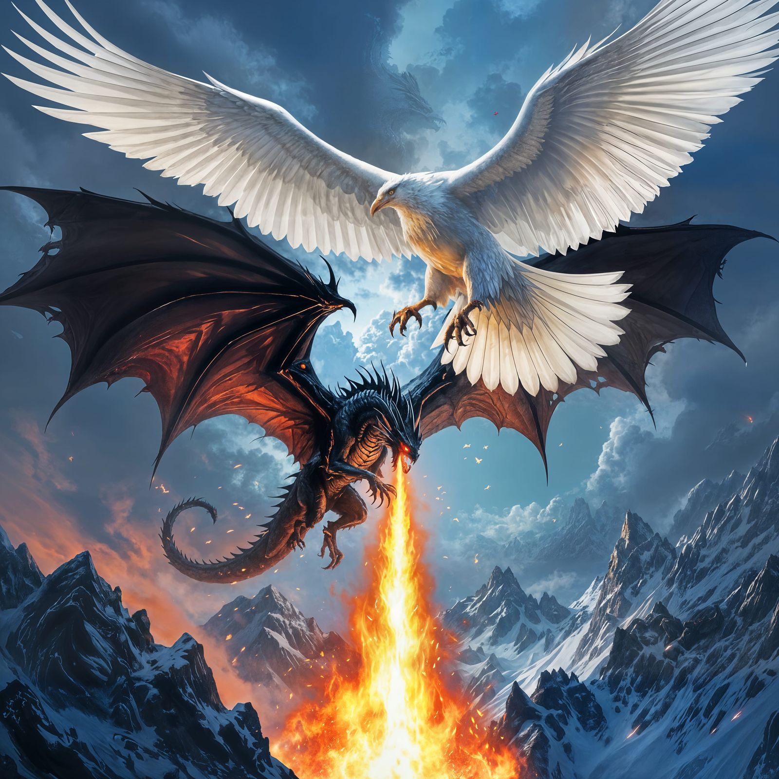 Giant Dragon Battles White Eagle Over Snowy Peaks