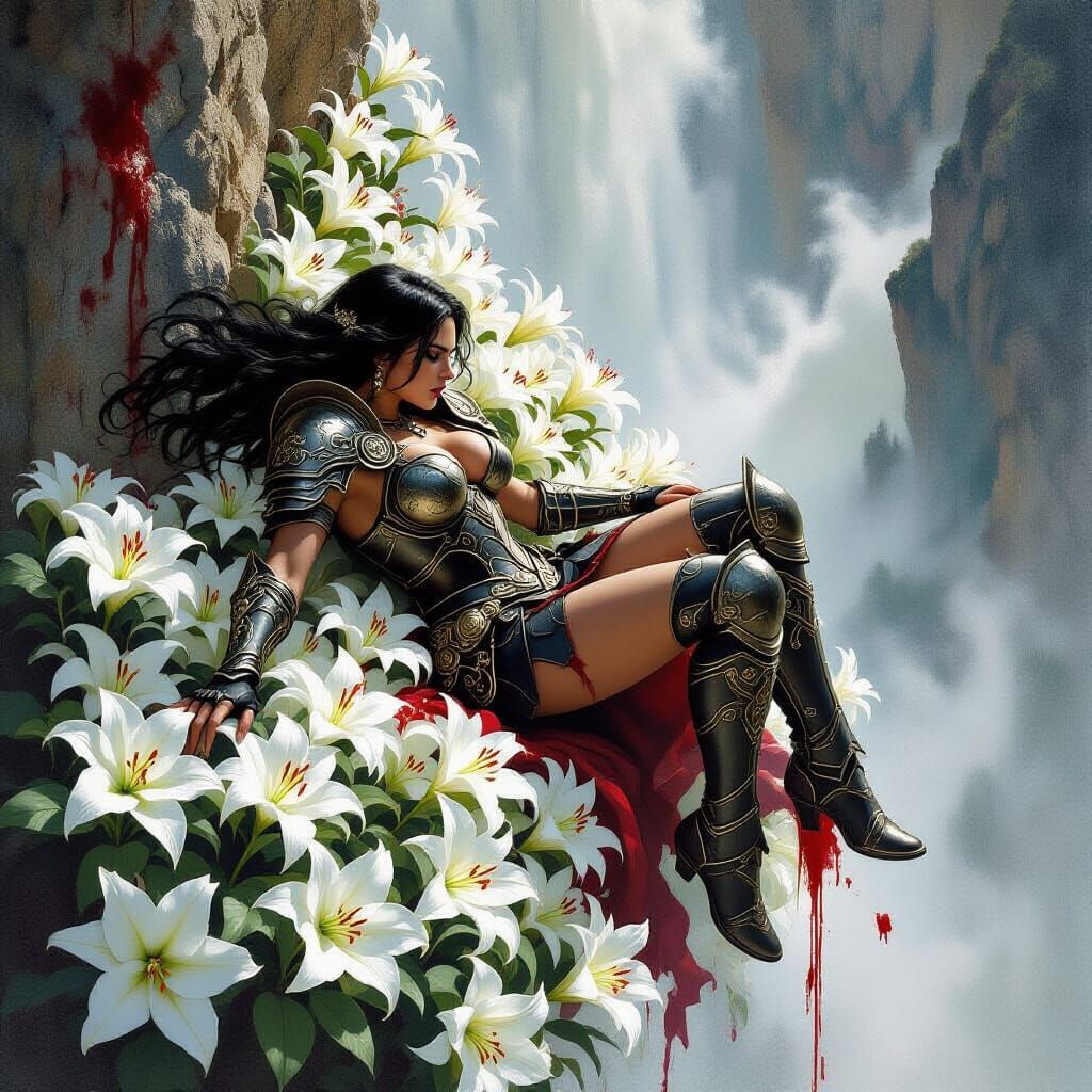 Warrior Falls to Lilies in Dark Fantasy Style
