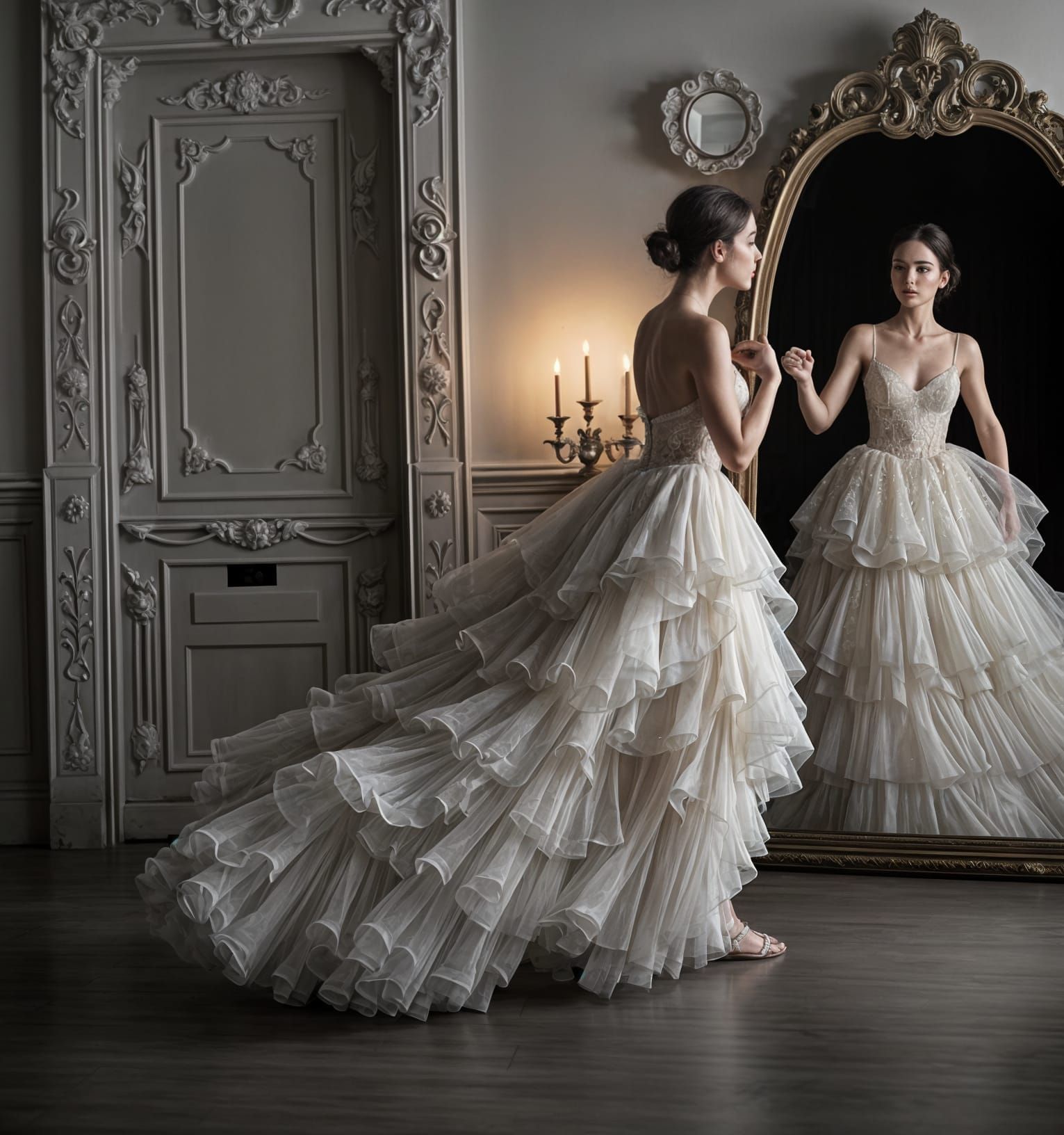 A graceful figure stands in front of an ornate mirror